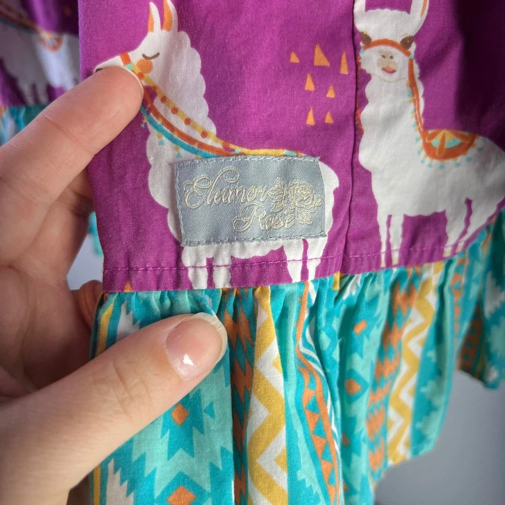Eleanor Rose Girls Sz 10/12 Dress Llama Aztec Cactus Ruffle Boho Southwest